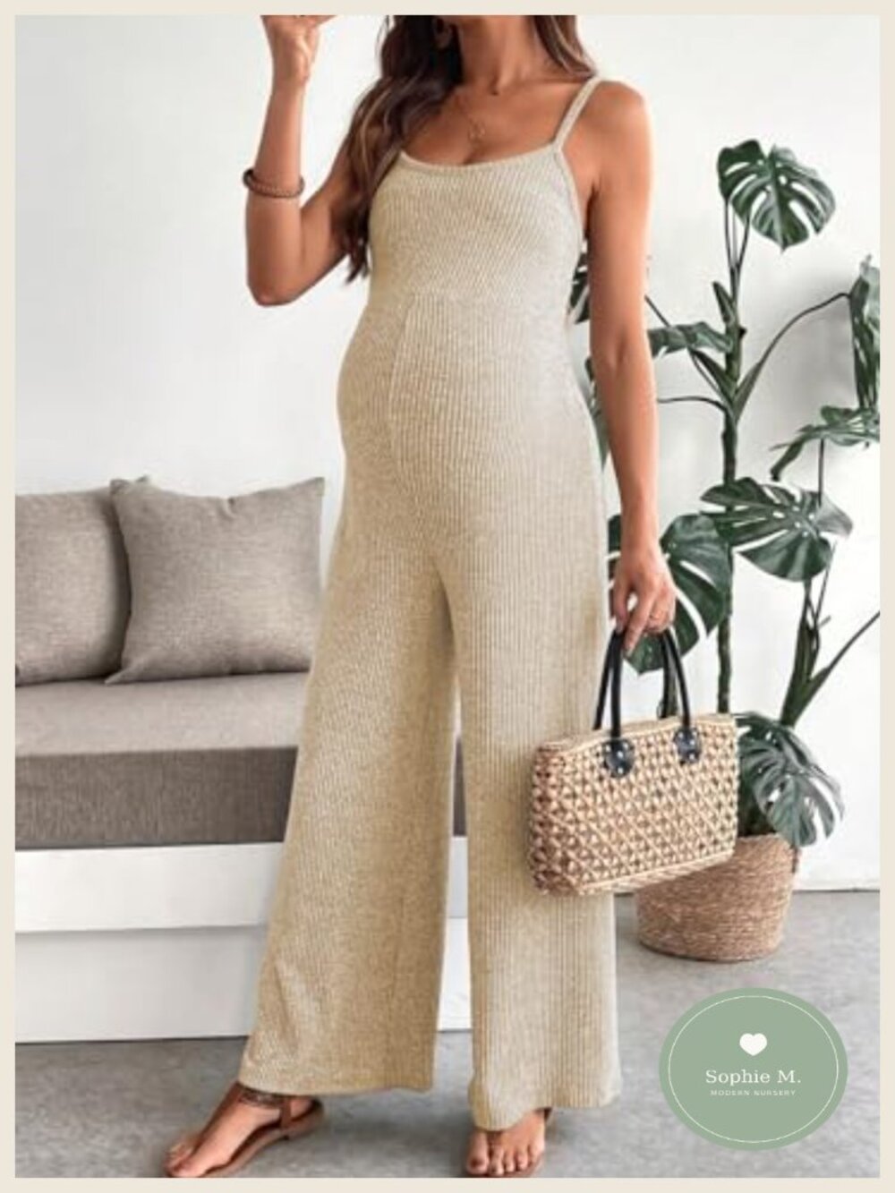 Maternity Ribbed Jumpsuit Stretchy One Piece Wide Leg Romper Sleeveless - Picture 4 of 6